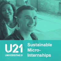 Graphic with text: U21 Micro-Internships. In the background, two students are smiling
