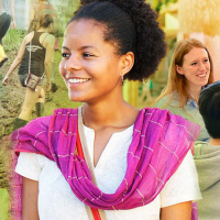 Collage photo with multiple students engaging in global learning. Primary image is of a student smiling and wearing a pink scarf.