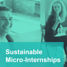Image of student sitting in a classroom smiling. Text in lower left corner: Sustainable Micro-Internships