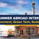 Graphic with text "UC Davis Summer Internship Abroad Environment, Green Tech, & Sustainability in Spain
